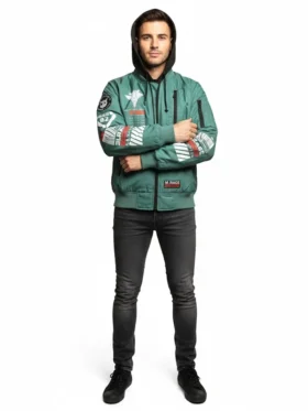 Front view of Boomslank x M.RAGE Arsenal green hooded bomber jacket featuring anime-style sleeve graphics and black hood.