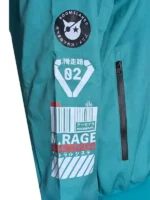 Profile view of the Boomslank x M.RAGE jacket highlighting the contrast between the dark exterior and bright lining.