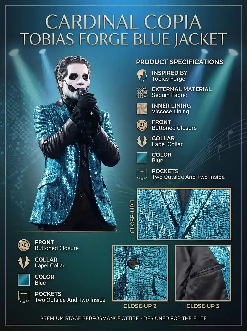 a blue sequin performance jacket featuring a lapel collar, buttoned closure, and close-up panels of the glittering fabric texture and inner pockets.