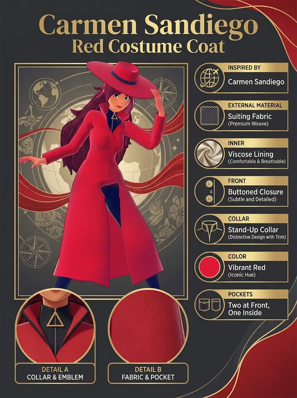 roduct infographic for the Carmen Sandiego Red Costume Coat, featuring an illustration of the character in her signature long red coat and wide-brimmed hat, accompanied by a checklist of design specifications and detailed close-ups of the collar and fabric.