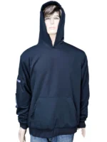 Front view of the "Airplane Mode" travel pullover fleece hoodie in a minimalist aesthetic.