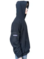 Close-up of the adjustable hood on a dummy showing reinforced metal eyelets and premium drawstring hardware.