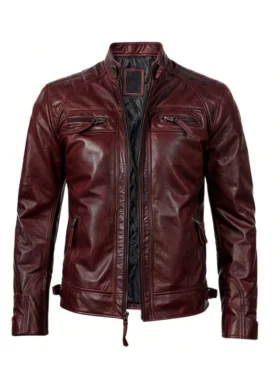 Maroon Cafe Racer Quilted Leather Jacket