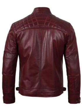 Maroon Cafe Racer Quilted Leather Jacket - Brown