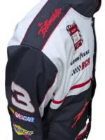 The Intimidator" text on the front of a black, white, and red NASCAR jacket.