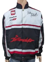 White, black, and red Men's Dale Earnhardt uniform jacket with a full-snap closure and 100% cotton material.