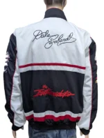 Close-up of Dale Earnhardt race jacket showing snap buttons and embroidered logos.