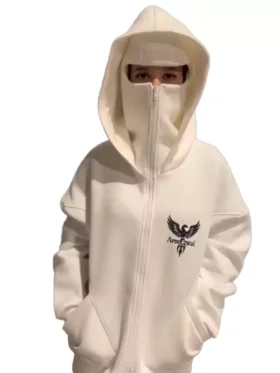 Model-Wearing-the-Arm-Crystal-Balaclava-Zip-Up-Hoodie-in-White-Color