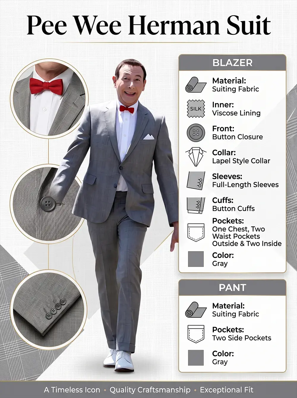 Product specifications infographic for the classic grey glen check suiting fabric suit, paired with a white button-down shirt and a bright red bow tie.