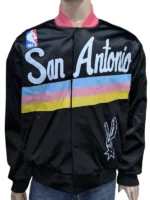 Front view of the 1994-95 San Antonio Spurs Authentic Warm Up Jacket in black and teal.