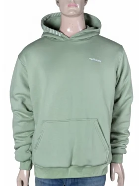 A model wearing an oversized black Madhappy Classics hoodie with dropped shoulders and a thick, structured hood.