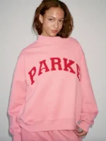 Pink heart themed Valentines Day Mockneck Sweatshirt for holiday wear.