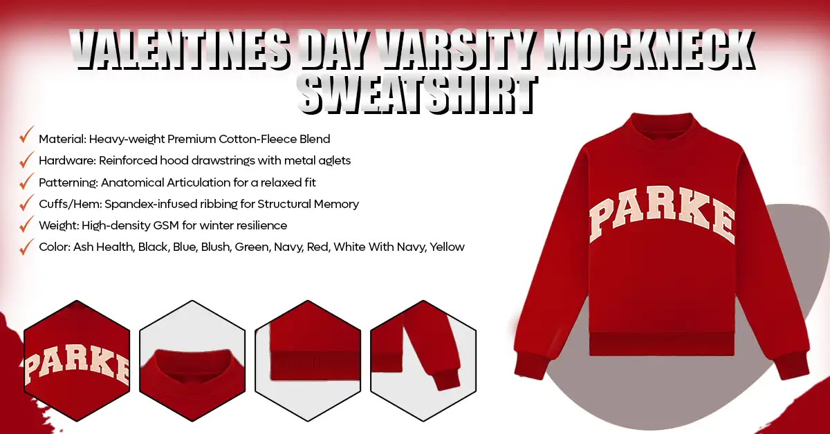 Infographic showing features of the Valentines Day Varsity Mockneck Sweatshirt.