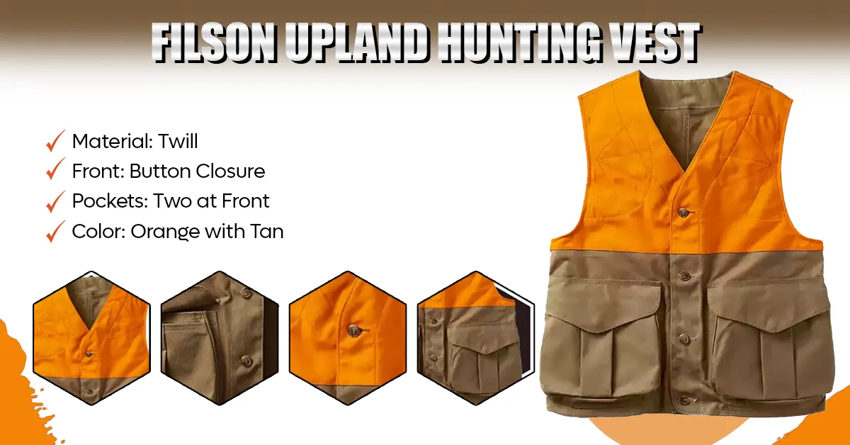 Infographic showing features of the Filson Upland Hunting Vest.