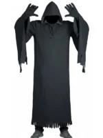 A man from behind wearing a black hooded horror costume at a Halloween party.