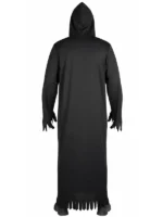 Back view of a man wearing a tattered black Ghostface robe with a hooded cowl.