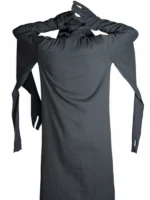 Technical back shot of a black horror costume robe highlighting shredded fabric detailing.