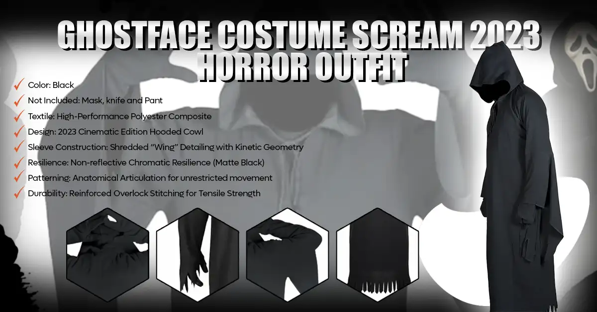 Infographic showing features of the Ghostface Costume Scream Horror Outfit.