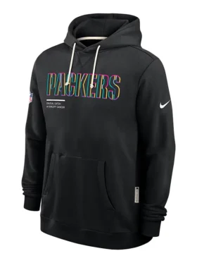 Men's Black Packers Therma Hoodie with Multi-Color Text and Pouch Pocket