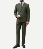 Two Piece Double Breasted Olive Green Suit