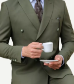 Two Piece Double Breasted Olive Green Suit