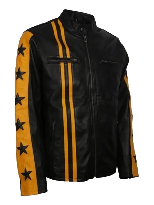 Yellow Star Black Biker Leather Jacket for Men Yellow Star Black Biker Leather Jacket for Men