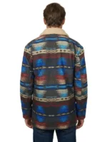 Back view of Lloyd Christmas Dumb and Dumber multicolor Western fleece jacket showing full Aztec pattern and shearling collar