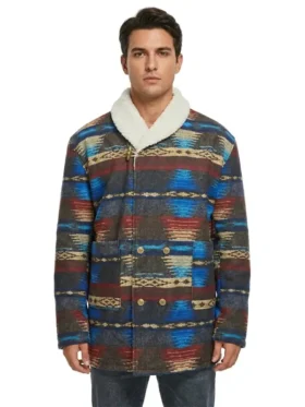 Front view of Lloyd Christmas Dumb and Dumber multicolor Western fleece cowboy jacket with vegan shearling collar
