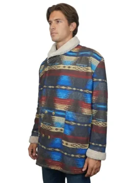 Side view of Lloyd Christmas Dumb and Dumber multicolor Western fleece cowboy jacket with vegan shearling collar and gold buttons