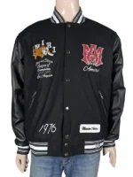 A product listing image for a custom recreation of the Amiri Logo-Patch Varsity Jacket priced at $179.99.