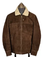 Men’s suede leather jacket featuring a turn-down shearling collar and front zipper.
