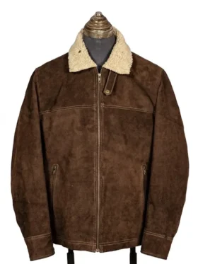 Men’s suede leather jacket featuring a turn-down shearling collar and front zipper.