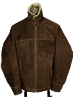 Front view of a suede bomber-style jacket with ribbed cuffs and a plush collar.