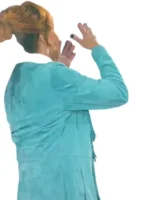 Back view of The Voice S28 Reba McEntire Blue Fringe Coat showcasing suede texture and stylish fringe details