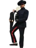 Bad Bunny Met Gala 2024 black suit with red stripe pants and gloves