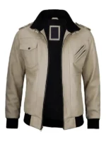 Beige Leather Jacket with Removable Hoodie