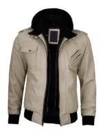 Beige Leather Jacket with Removable Hoodie For Men And Women