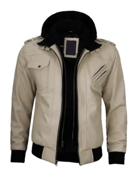 Beige Leather Jacket with Removable Hoodie For Men And Women