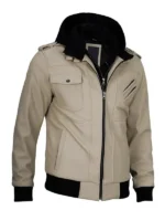 Beige leather jacket, hooded and removable
