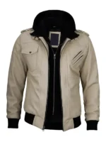 Beige leather jacket with convertible hoodie