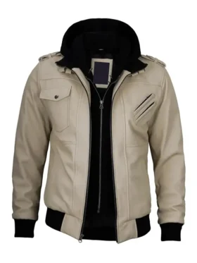 Beige leather jacket with convertible hoodie