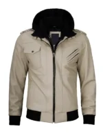 Beige leather jacket with zip-off hood