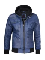 Blue Leather Hooded Jacket