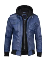 Blue Leather Jacket with Removable Hood