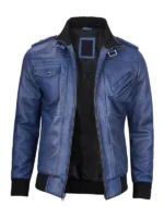 Blue Leather Jacket with Removable Hoodie