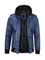 Blue Leather Jacket with Removable Hoodie For Men And Women