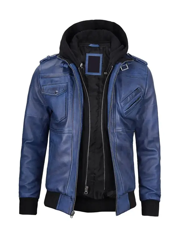 Blue Leather Jacket with Removable Hoodie For Men And Women Blue Leather Jacket with Removable Hoodie For Men And Women