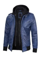 Blue leather jacket with hood for men and women