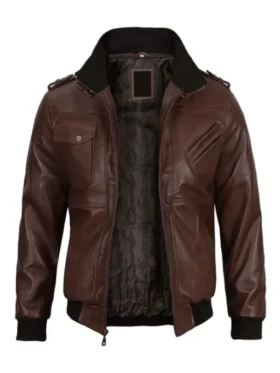 Brown Leather Jacket with Removable Hoodie