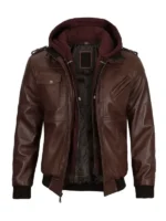 Brown Leather Jacket with Removable Hoodie For Men And Women